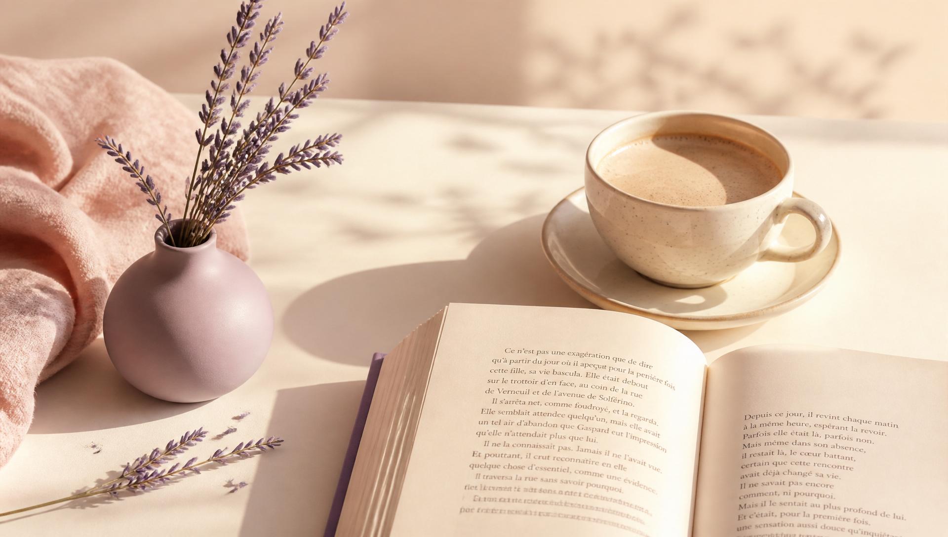 Elegant French learning flat lay with lavender, coffee, and an open book